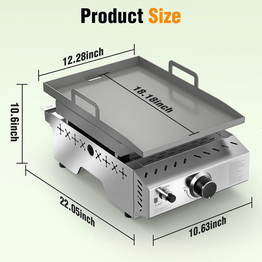 Electactic Stainless Steel Tabletop Grill,18 Inch Portable Propane Grill Griddle with Handle,8000 BTU Flat Top Grill for Camping, Outdoor & Tailgating Barbecue