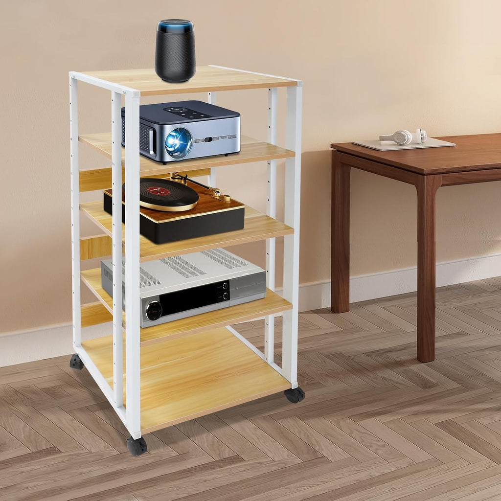 5-Tier Media Stand, Audio Rack Tower Stereo Cabinet with Wheels, CD Record Player Stand Speaker Display Rack with Adjustable Wooden Shelf for Home Theater Studio (White & Wood Color)