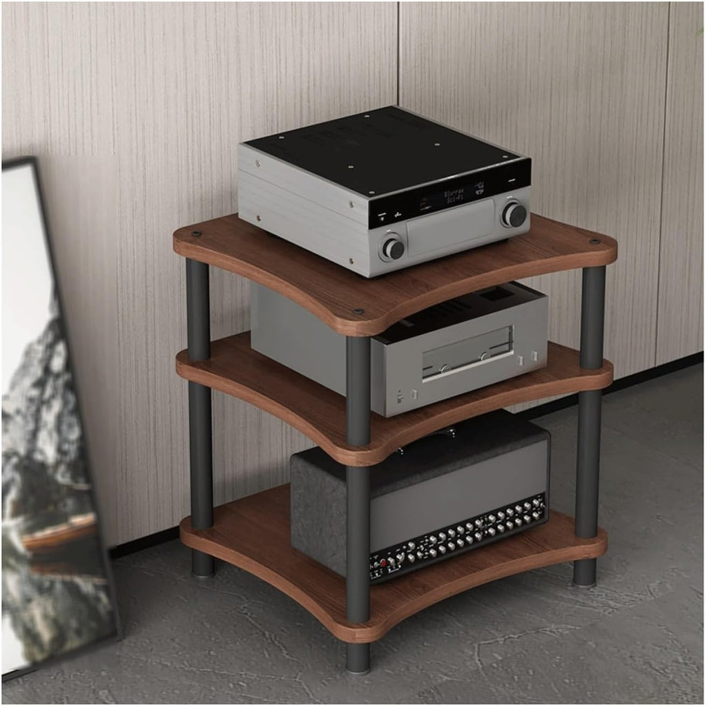 High Performance Walnut Audio Rack 3 Tier HiFi Amplifier Stand Modern AV Media Shelf Corner Display Case for DVDs & Electronics Ideal for Home Theater Setup