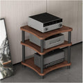 High Performance Walnut Audio Rack 3 Tier HiFi Amplifier Stand Modern AV Media Shelf Corner Display Case for DVDs & Electronics Ideal for Home Theater Setup