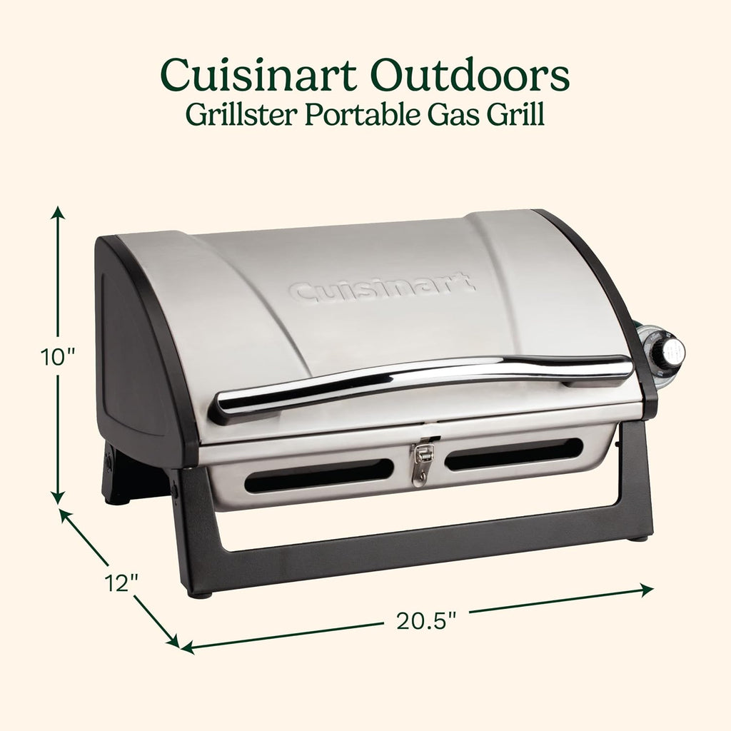 Cuisinart Grillster Portable Gas Grill, Stainless Steel Compact BBQ Grill with Locking Lid for Easy Transport, 8000 BTU Propane Grill with Dishwasher Safe Cooking Grate, Small Grill for Camping & BBQs