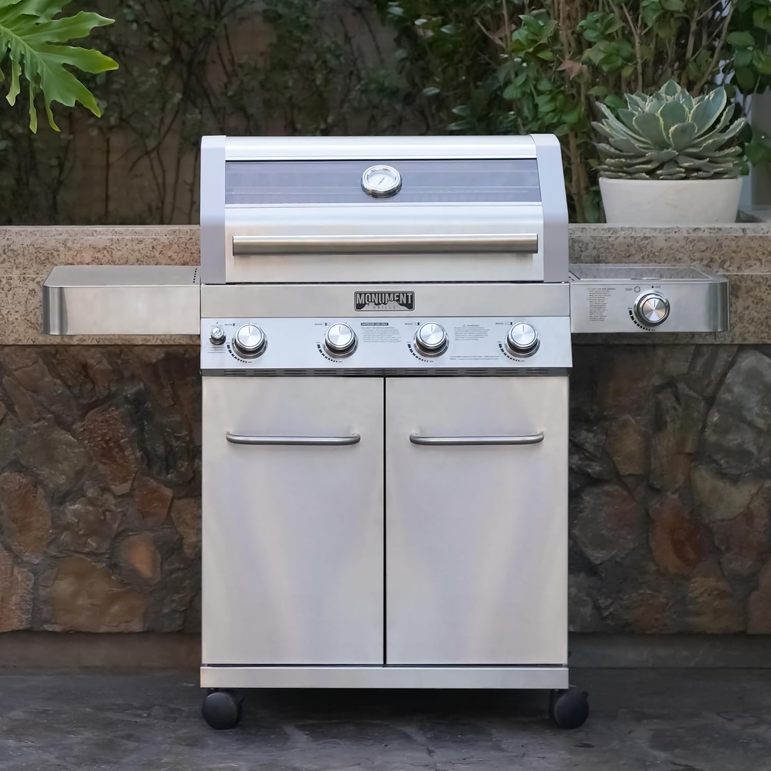 Monument Grills Larger Convertible 4-Burner Natural Gas Grill Stainless Steel Cabinet Style Propane Grills with BBQ Cover(2 Items), Outdoor Use