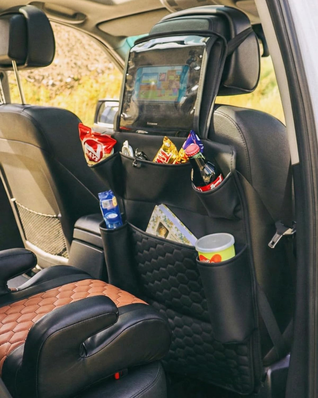 Owleys Set Seat Back Organizer & Car Seat Protector Hexy Waterproof & Non-Slip Protector for Child Car Cushion for Leather and Fabric Seats (Black Set 1)