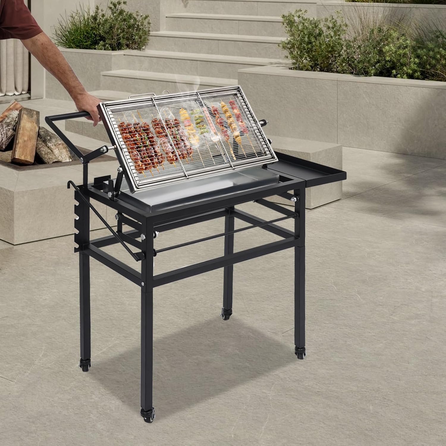 Charcoal Flip Grill & 360° Rotating BBQ Grill, Portable Tabletop Charcoal Grill with Removable Tray and Adjustable Steel Frame, Outdoor Camping and Backyard Picnic Cooking System