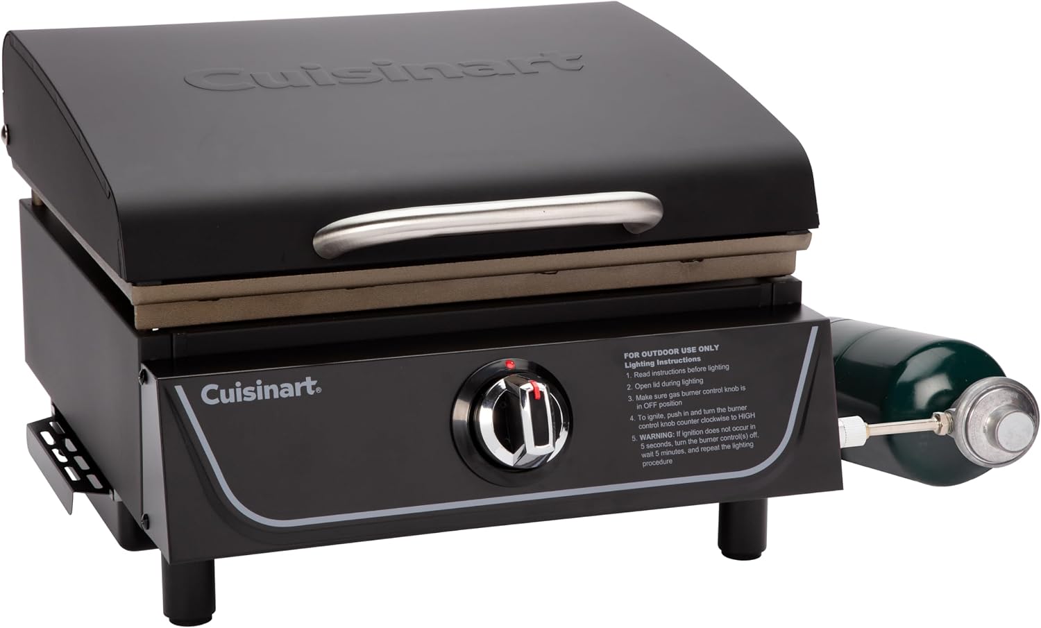 Cuisinart 17' Tabletop Gas Griddle with Hood, Easy Assembly Compact Outdoor Flat-Top Grill with Grease Cup, 255 Sq. In Cooking Space Perfect for Camping, Tailgates and BBQs