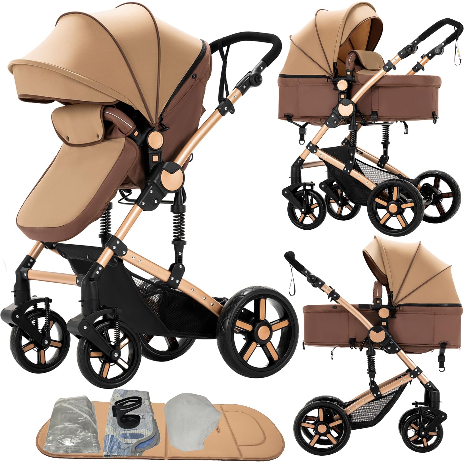 Nine point nine 2 in 1 Baby Stroller, Reversible Convertible Infant Stroller of One-Click Folding, Newborn Travel Strollers Toddler Standard Pram Carriage (2US588-KHAKI)