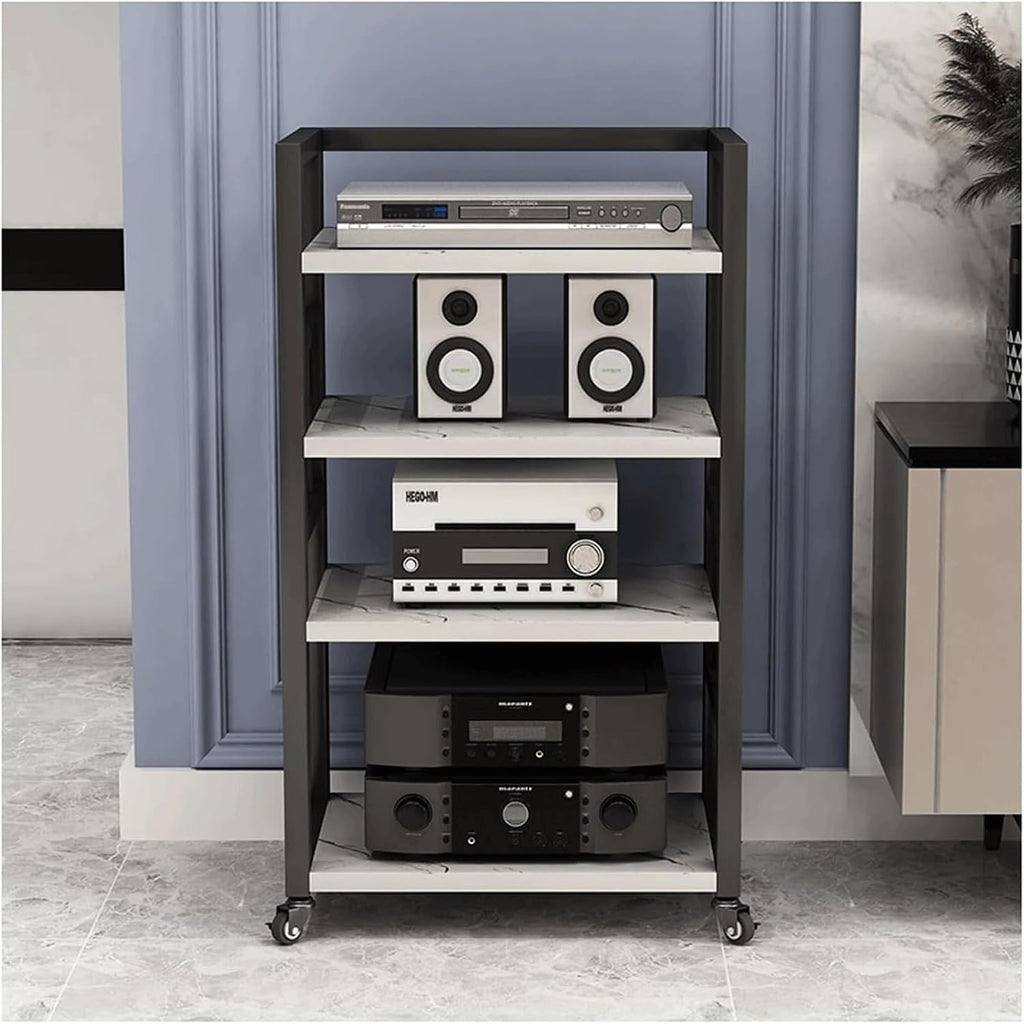 Audio Rack 4 Tier Stereo Rack Audio Equipment Rack Wooden Audio Rack Cabinet Open HiFi Rack with Wheels Audio Component Rack Durable(Wei�)