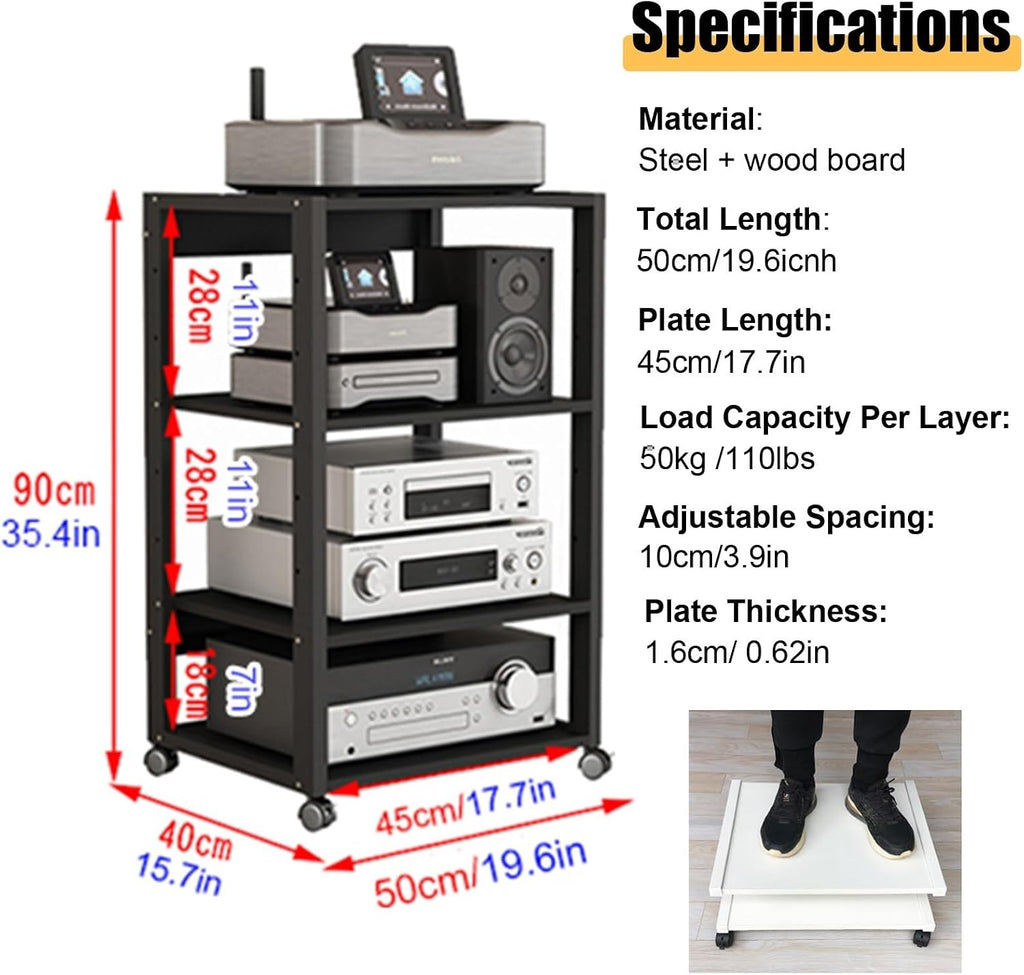 WDJBPSH Home Theater Equipment Storage Rack, 43.3inch Tall Audio-Video Media Stand with Adjustable Shelf & Brake Wheels, Freestanding Corner Entertainment Center(5 Tier - H 131cm/51.5 in)