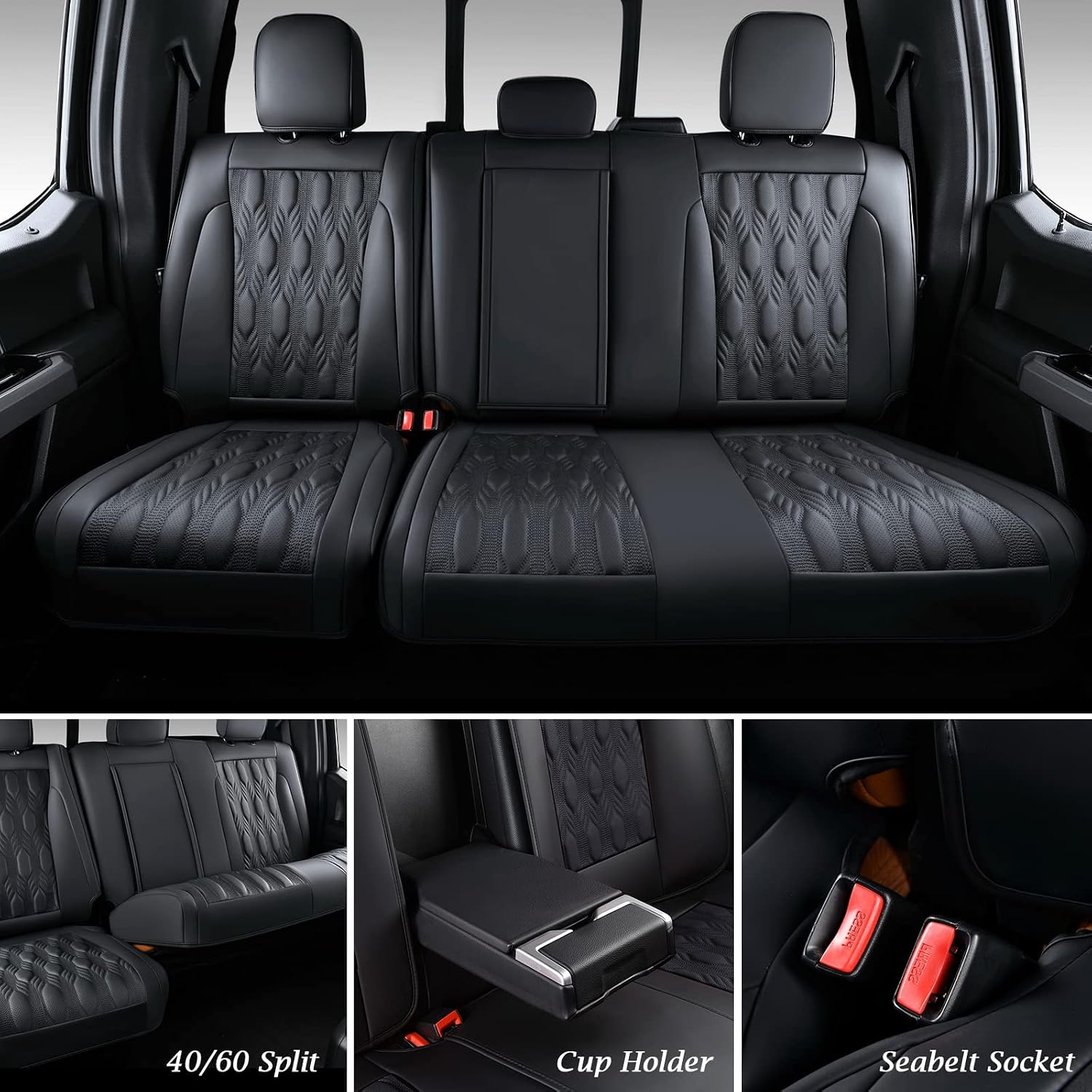 Coverado Car Seat Covers Full Set, Leather Ford F150 Seat Covers Fit for 2015-2026 F150 and 2017-2026 F250 F350 F450 Super Duty Crew Cab XL XLT Lariat King Ranch Platinum (Black)