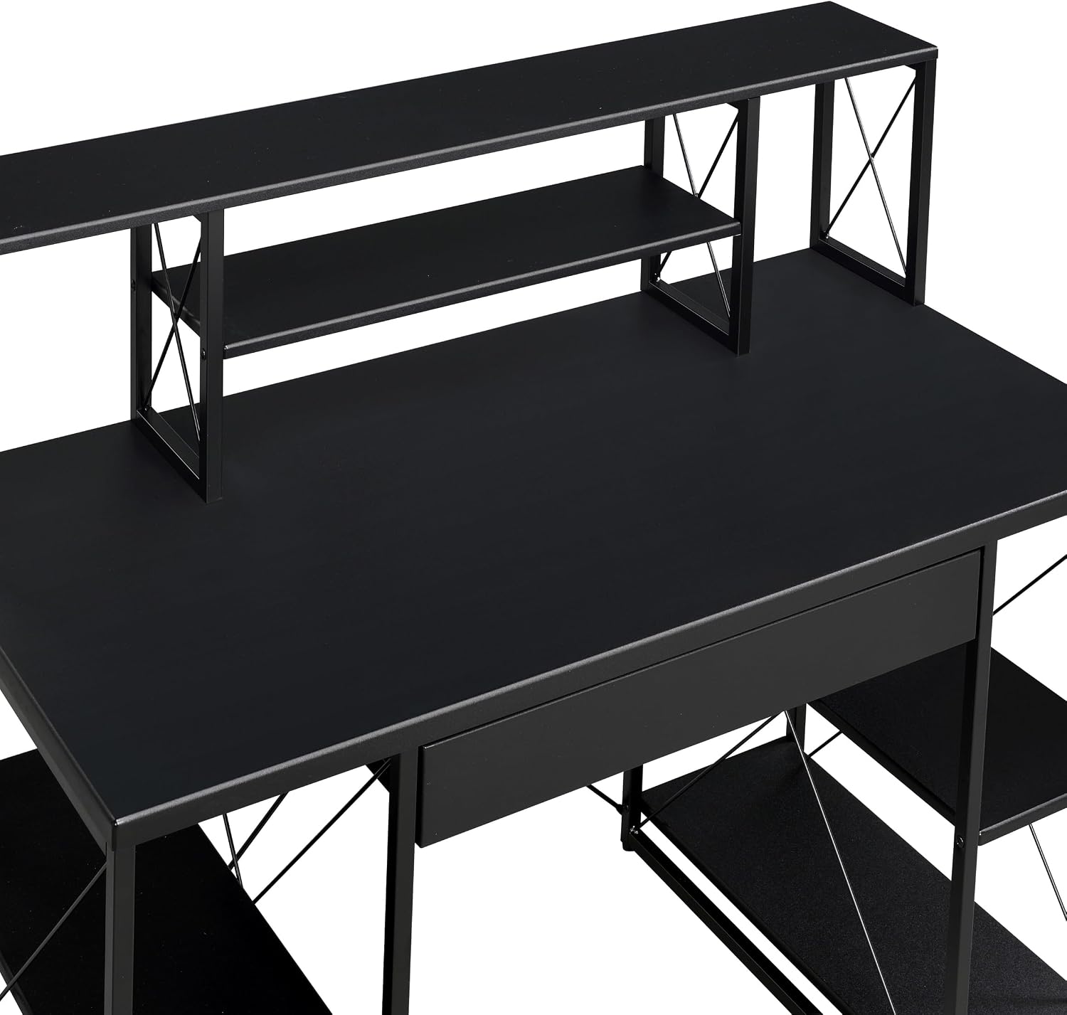 AMNOOL Office Desk with Open Shelves - Stylish Wood Recording Studio Workstation with Drawer and Compartments for Audio Equipment, Cables, and Accessories (Black)