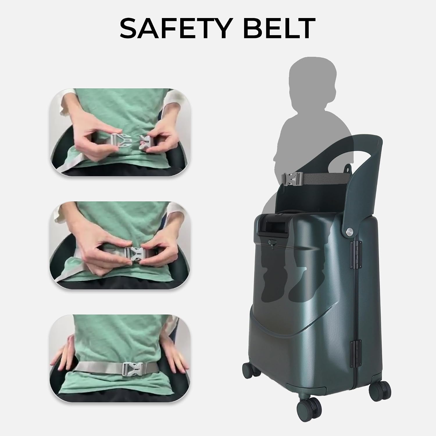 MiaMily Kids Ride-On Carry-On Suitcase with Foldable Seat, Safety Belt, TSA Lock, 4 Double Spinner Wheels, Hard Shell Cabin Luggage, 43L, Forest Green