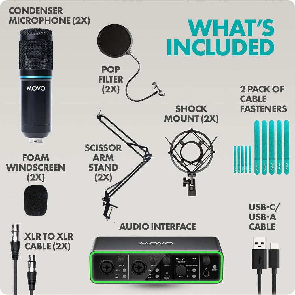 Movo PodKit2A Podcast Equipment Bundle for 2 Condenser Microphone Kit with Phantom 2x2 USB-C Audio Interface and Articulating Scissor Arm Mic Stand - for YouTube, Podcasting, Streaming, Twitch