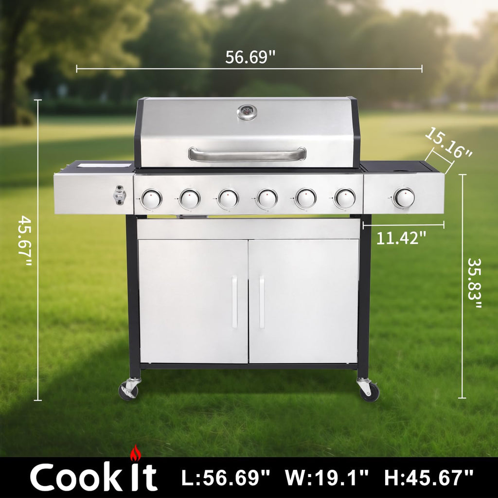 69000 BTU Output Propane Gas Grill with Side Burner and 6 Main Burners - Double-layer Stainless Steel Lid, Cast Iron Grids and Plate, Easy-Clean Grease Management for Perfect BBQs