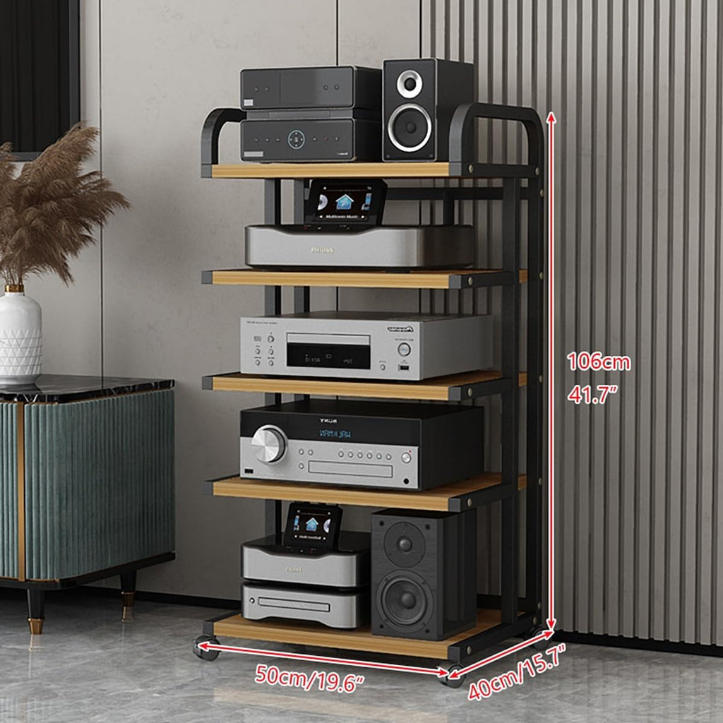 5-Tier HiFi Multimedia Rack with Wheels, Carbon Steel Stereo Component Storage Shelf, Audio Stand for Living Room & Bedroom, 106CM Height, Perfect for nizing AV Equipment