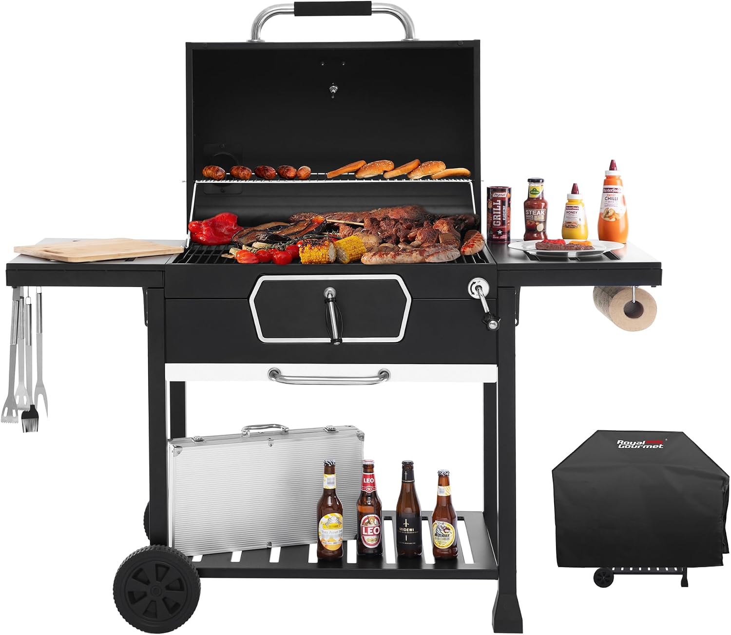Royal Gourmet CD2030AC Deluxe 30-Inch Charcoal Grill with Cover, Large BBQ Grill with Collapsible Side Tables for Outdoor Picnic Camping Patio Backyard Cooking, Black