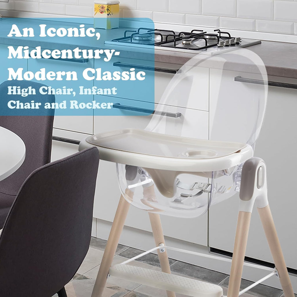 Primo Vista 3-in-1 Convertible High, Toddler, & Rocking Chair, Clear, Transparent Seat, Grows with Child, Modern Style, Adjustable Wooden Legs, Easy to Use, Assemble, Safe & Sturdy, 21.5 x 25 x 40.5'