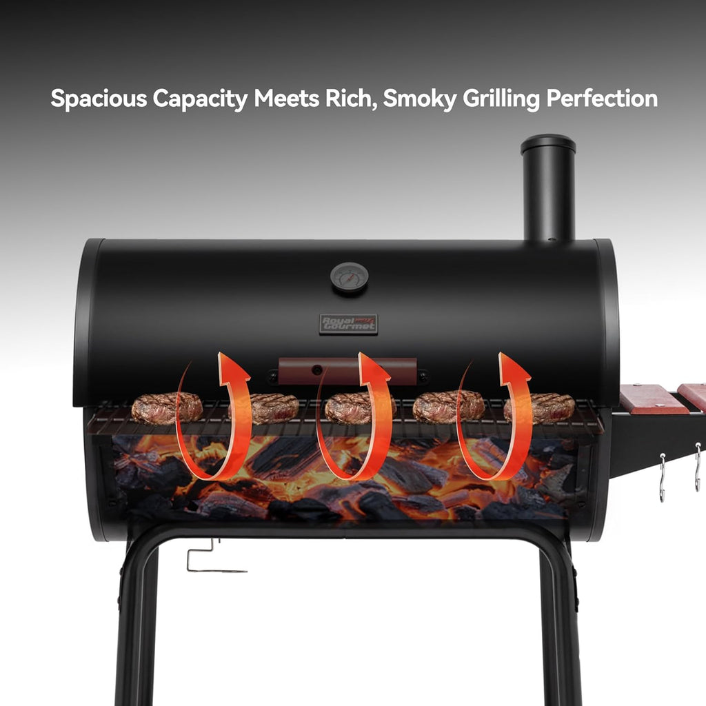 Royal Gourmet CC1830V 30 Barrel Charcoal Grill with Wood-Painted Side Front Table, 627 Square Inches Cooking Space, for Outdoor Backyard, Patio and Parties, Black