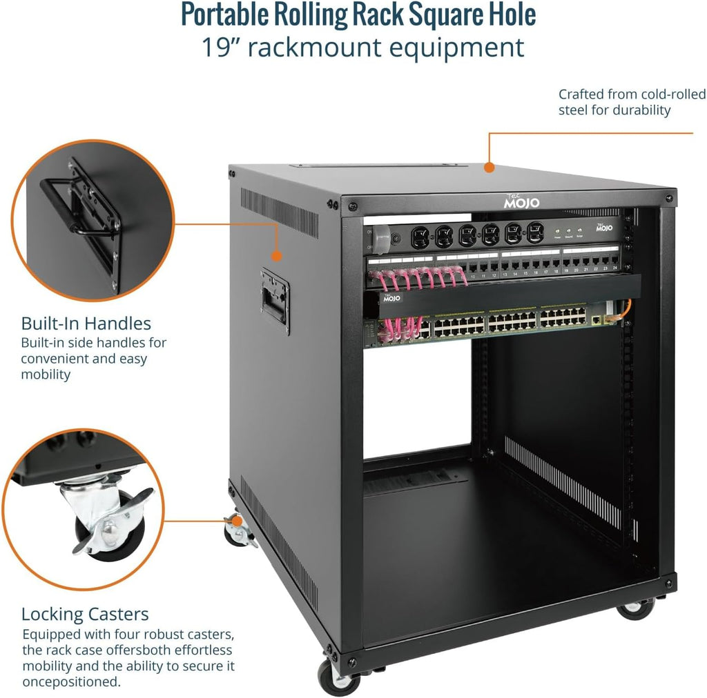 Tecmojo 12U Portable Rolling Network Rack, 4-Post Mobile Open Frame Server Rack with Wheels, Free Standing Server Cabinet for Computer/Data/AV/IT Equipment/Network Equipment