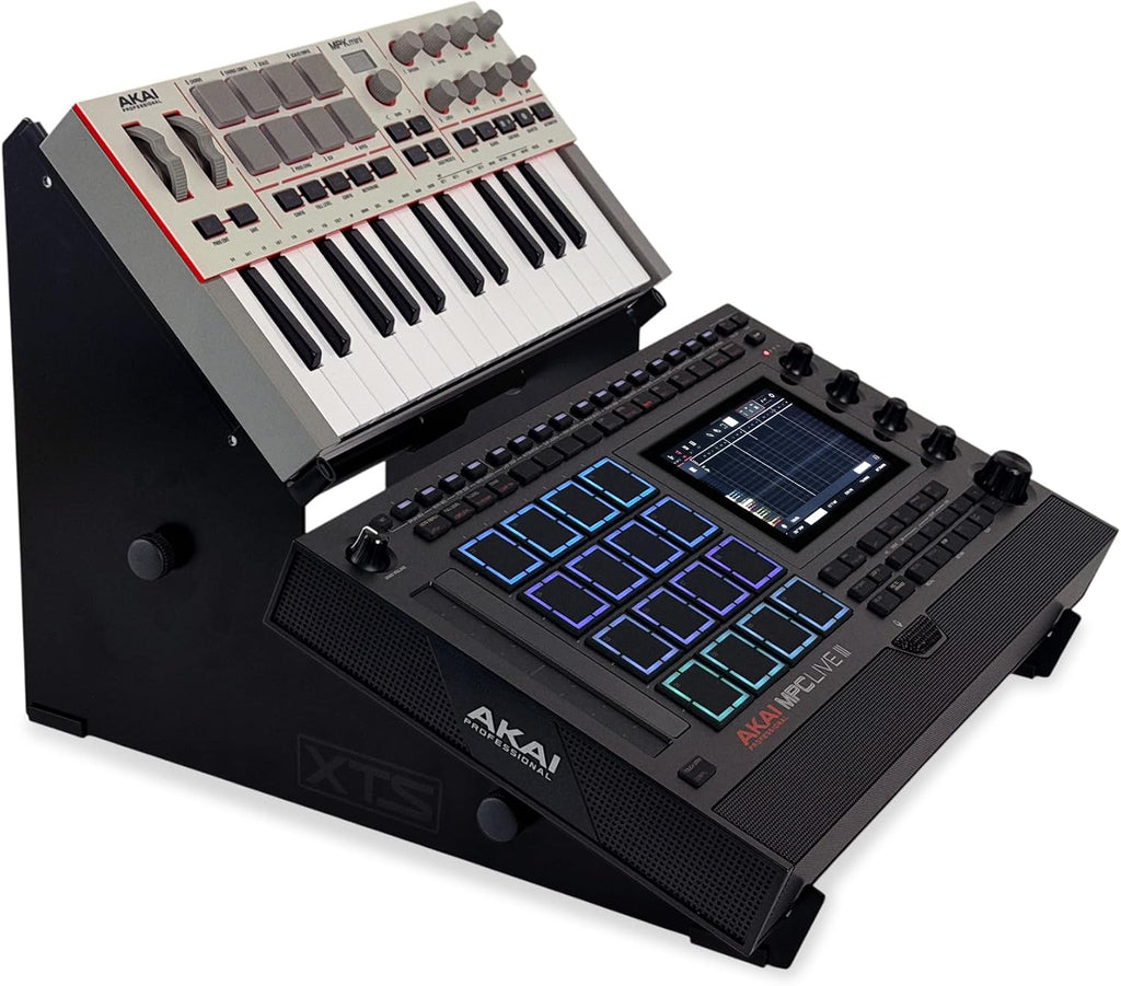 2-Tier XTS Desktop Stand, Adjustable Length from 10.6' - 18.5' for Sampler/Synth/MIDI Controller/Drum Machine, fits MPC Live 3 & Live 2/TR-8S/Analog Rytm/Octatrack, easy to assemble and resize