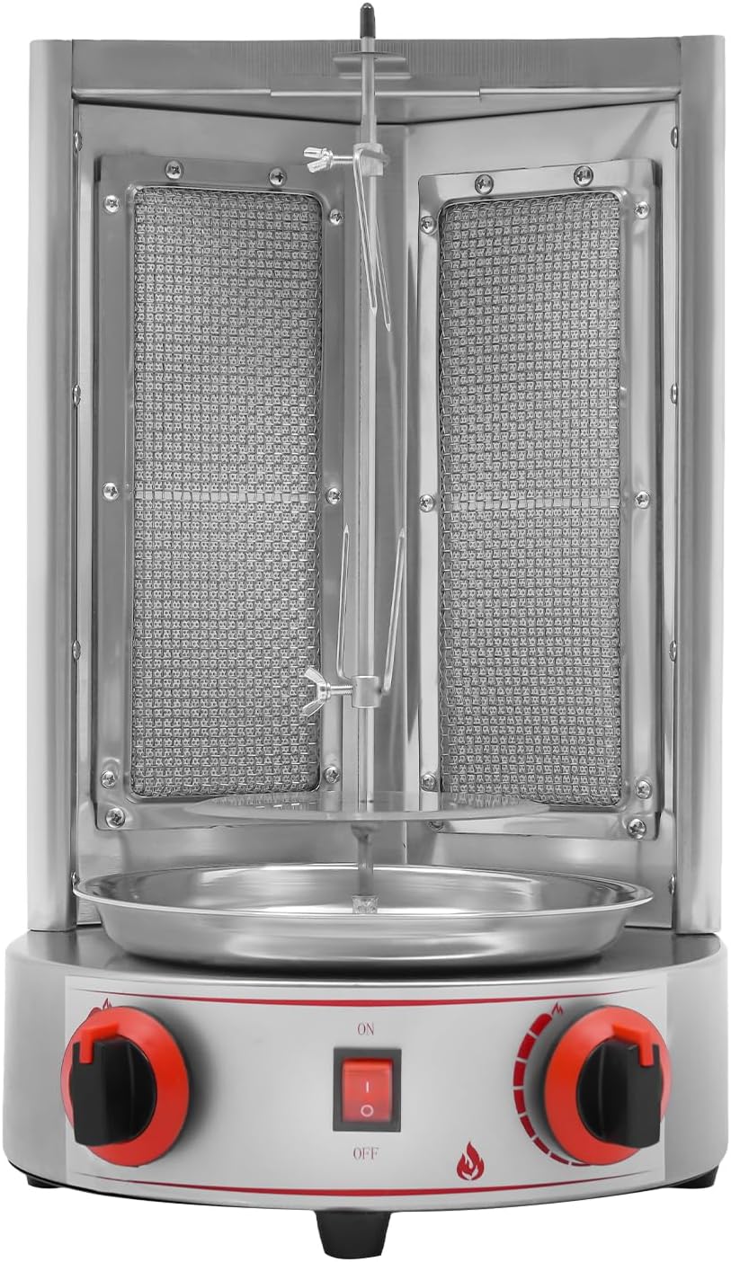 Commercial Rotating Gas Doner Kebab Grill, 3000W 110V Heavy Duty Stainless Steel LPG Grill Spinning Broiler Machine with 2 Burners & Independent Temperature Control Knob for Roast Meat, Roast Duck