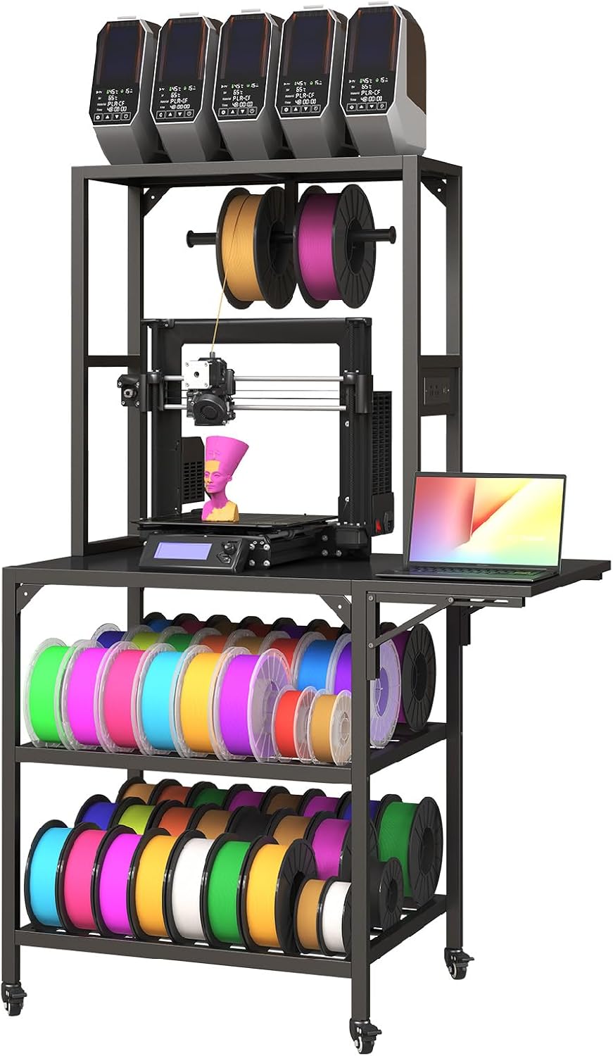 3D Printer Stand with Filament Storage Rack, Heavy Duty Mobile 3D Printer Table with T-Shaped Spools Holder & Wheels, Compatible with Most 3D Printers for Home Office, Workshop, 3D Printing Studio