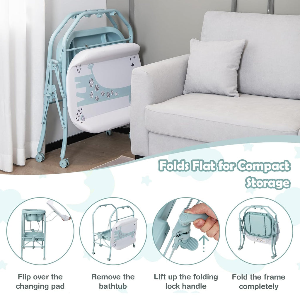 HONEY JOY 2-in-1 Baby Bathtub & Changing Table, Foldable Infant Diaper Changing Station with Wheels, Storage Tray, Waterproof Pad, Portable Newborn Nursery Organizer Bath Stand for Boys Girls (Blue)