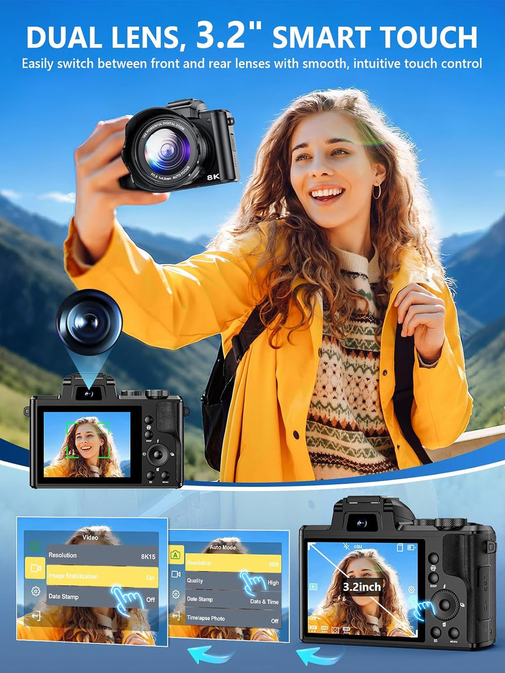 8K Digital Camera, 88MP WiFi Cameras for Photography with 3.2' Touchscreen, 16X Zoom Autofocus Vlogging Camera for YouTube Video, Anti-Shake, Dual Camera, 2 Batteries, 64GB Card, Flash, Lens Hood