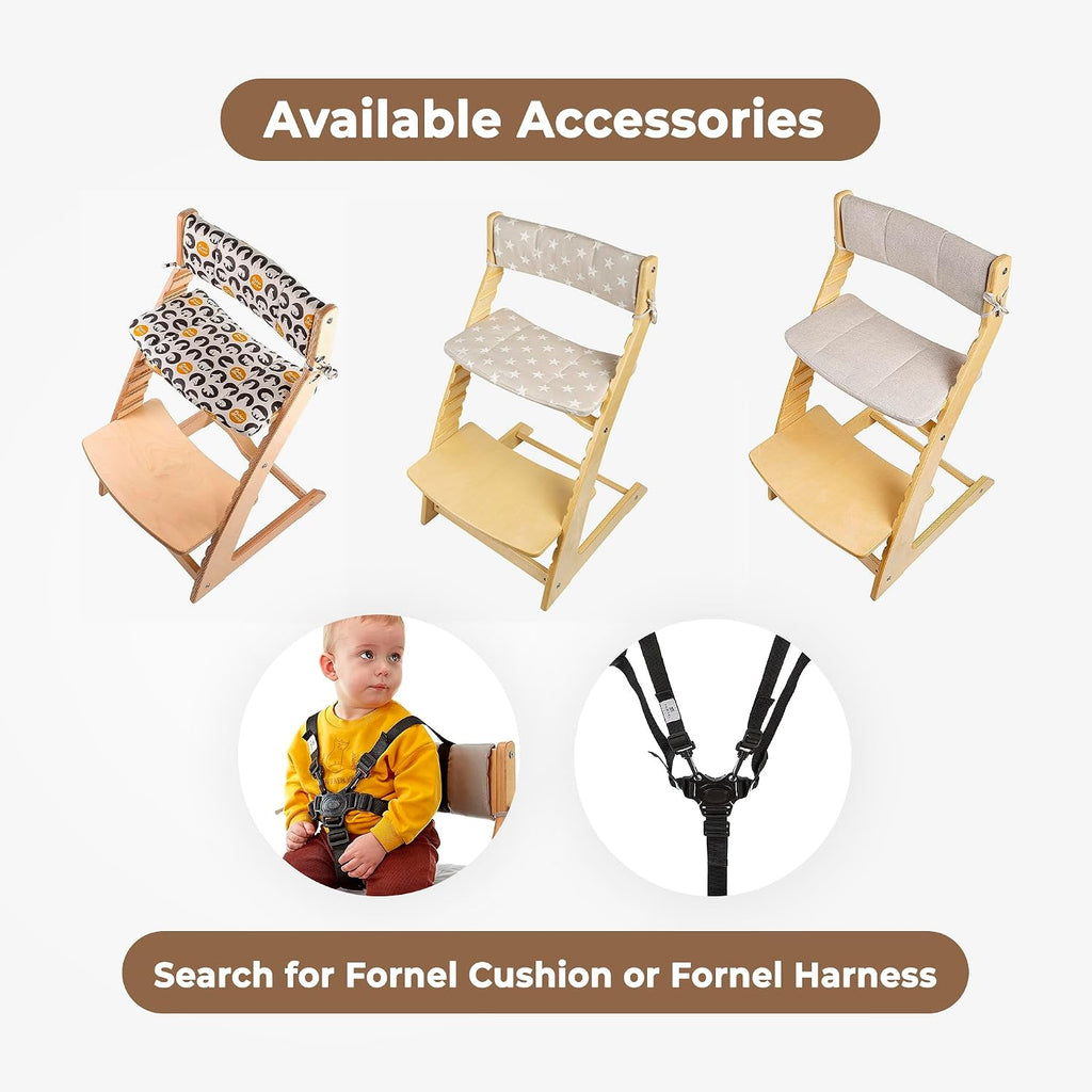 FORNEL Scandinavian Wooden High Chair for Toddlers & Kids | Adjustable Grow-with-Me Montessori Seat for Dining Table | Natural Wood Finish Convertible Highchair