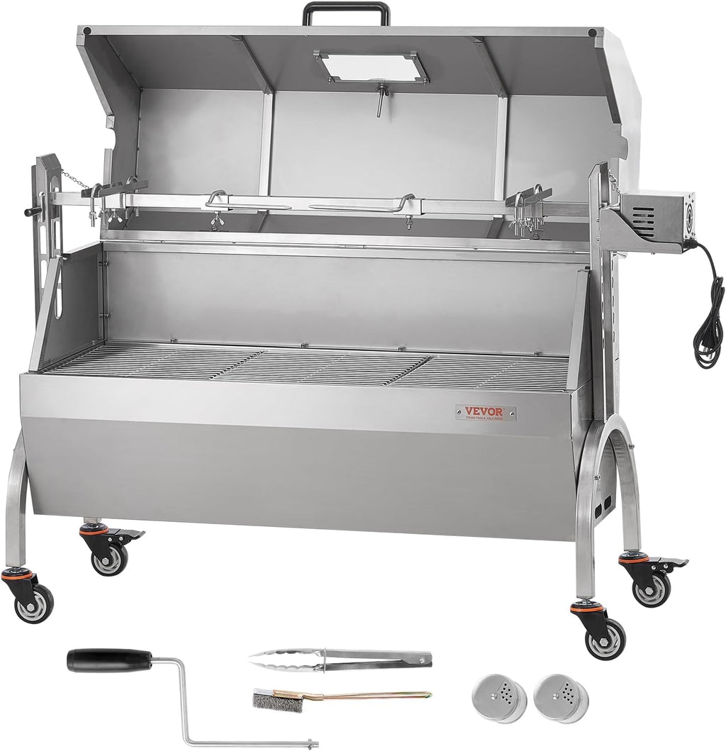VEVOR Rotisserie Grill with Hooded Cover Roaster, 46 Inch 198Lbs Capacity, BBQ Outdoor Pig Lamb Rotisserie Roaster, Electric 52W Motor Stainless Steel Roasterfor Camping Outdoor Barbecue