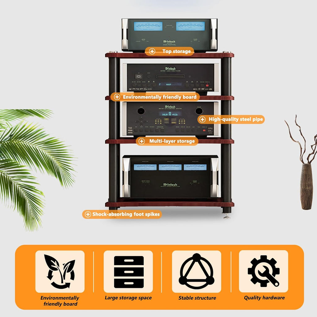 Heavy Duty Audio Component Rack, Large Storage Space AV Media Stand with Shock-Absorbing Foot pegs, Audio Rack Tower CD Player Stand for Home/Office/Audio Video/Theate (Teak, 4th)