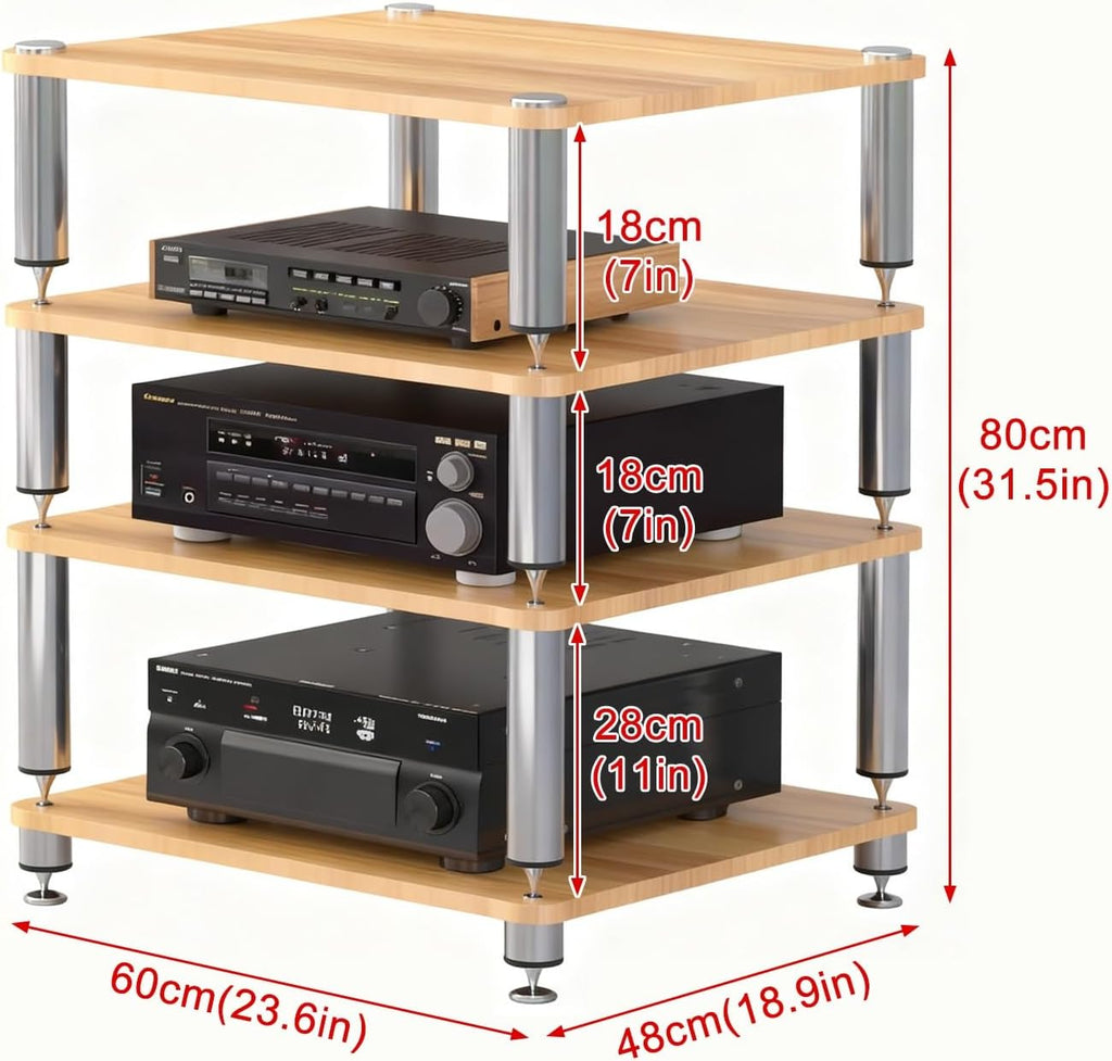 4-Tier AV Media Stand HiFi Rack Multifunctional Media Component Storage Cabinet with Shock-Absorbing Feet for Record Player, Audio Entertainment Equipment(Light Walnut)