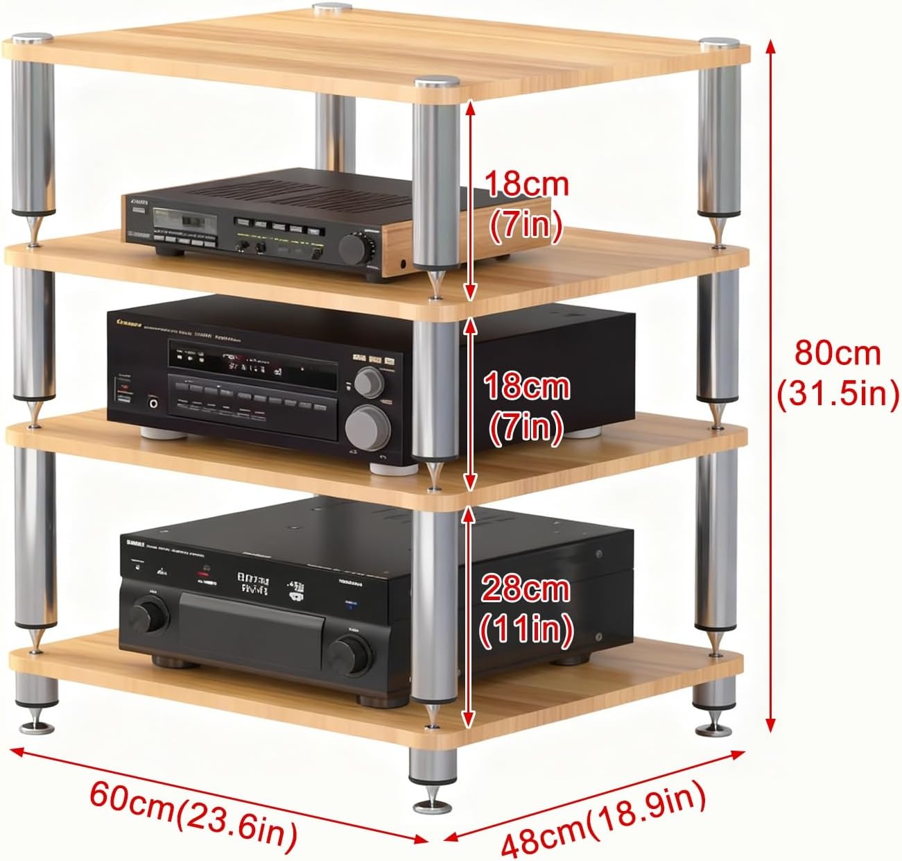 4-Tier AV Media Stand HiFi Rack Multifunctional Media Component Storage Cabinet with Shock-Absorbing Feet for Record Player, Audio Entertainment Equipment(Light Walnut)