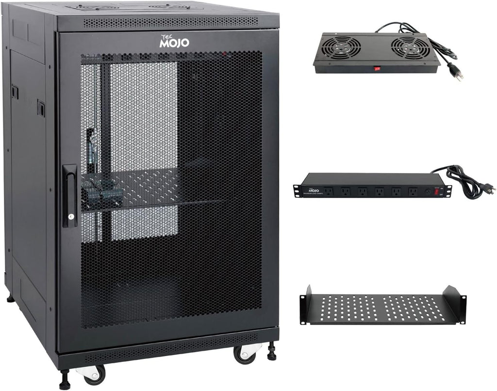 Tecmojo Fully Assembled 18U Network Cabinet AV Rack Enclosure with Casters/Locking Doors with Dual Fan, PDU and Cantilever Shelf (31.5inch DEEP Mesh Door)