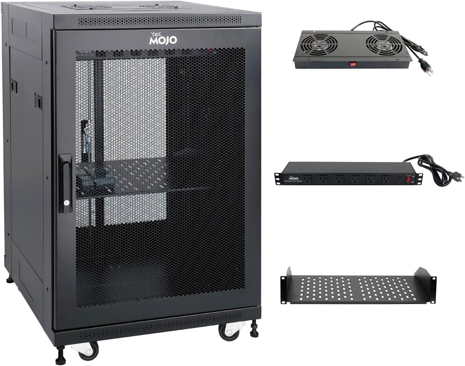 Tecmojo Fully Assembled 18U Network Cabinet AV Rack Enclosure with Casters/Locking Doors with Dual Fan, PDU and Cantilever Shelf (31.5inch DEEP Mesh Door)