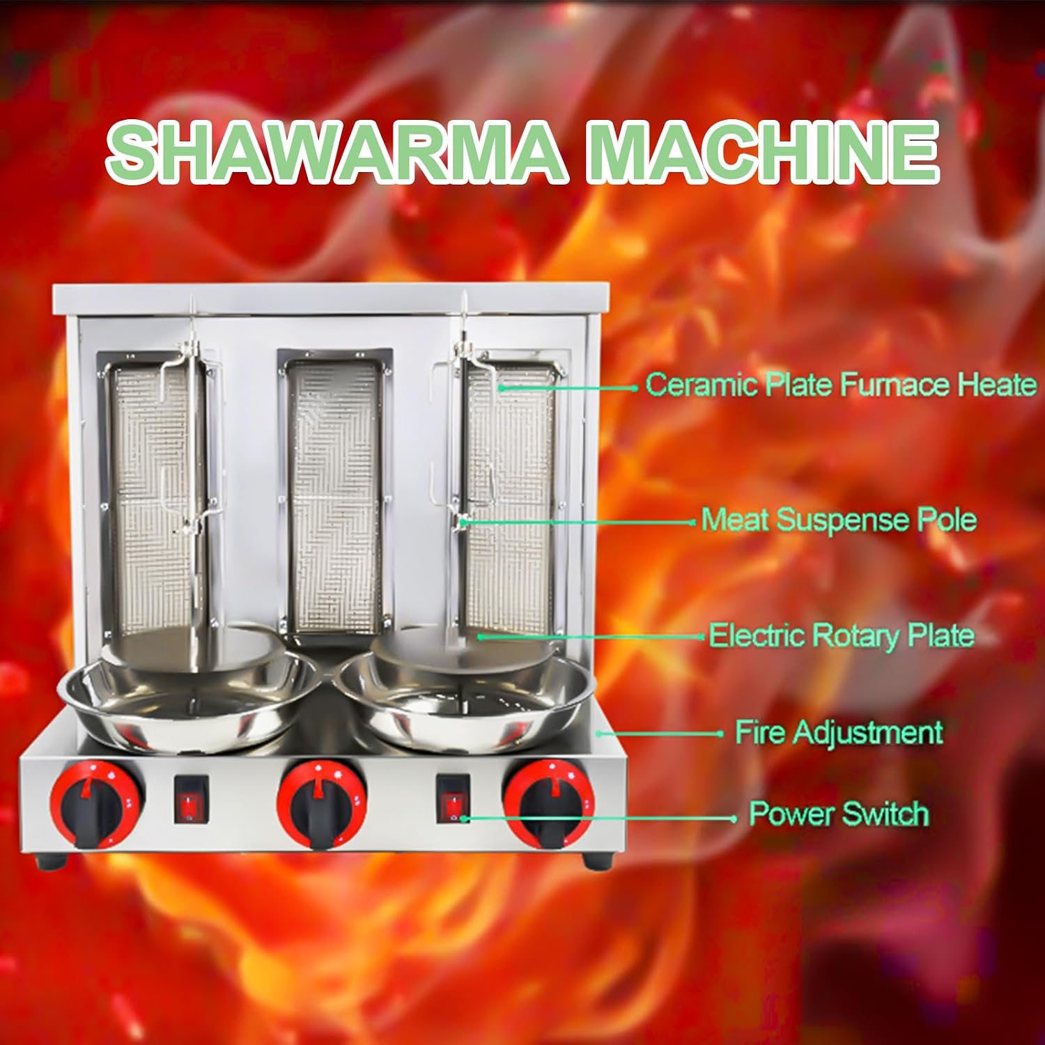 Shawarma Machine 3 Burners Kebab Grill Vertical Rotisserie with 2 Auto Spinning spits for Meat Rotisserie, Chicken Roast, Silver