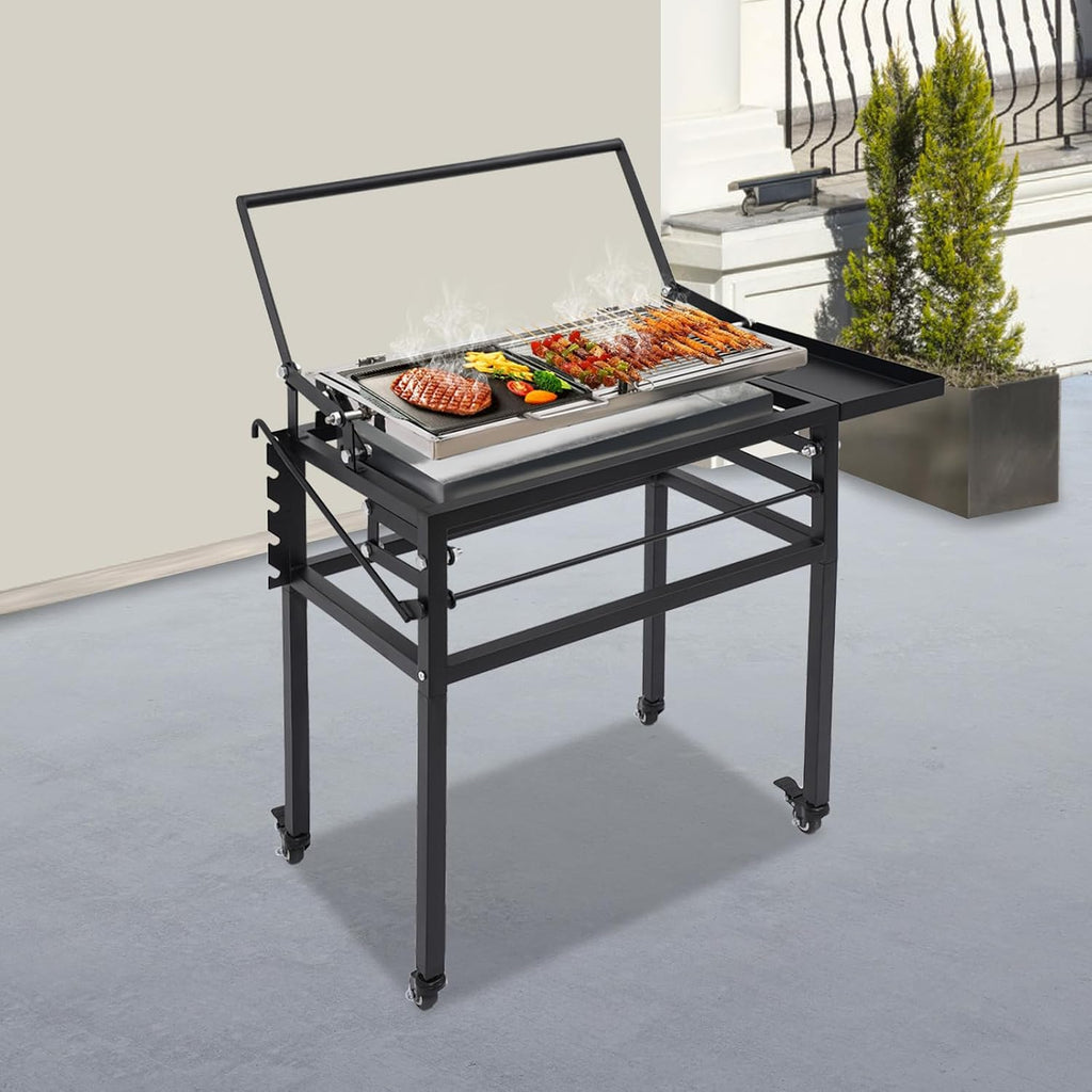 360° Rotating Charcoal Grill with Cart & Wheels, Heavy Duty Portable BBQ for Outdoor Camping, Backyard, Garden Parties | Removable Ash Tray & Adjustable Frame, 8 People, 0.7mm Steel, Black