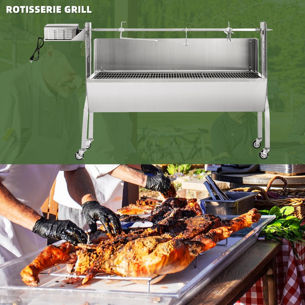 Kendane Rotisserie Grill Charcoal Spit Roaster, Stainless Steel 46' Pig Lamb Hooded Roaster Charcoal Spit with 30W Motor & Adjustable Height Lockable Casters for Party Barbecue, Rated 150 LB