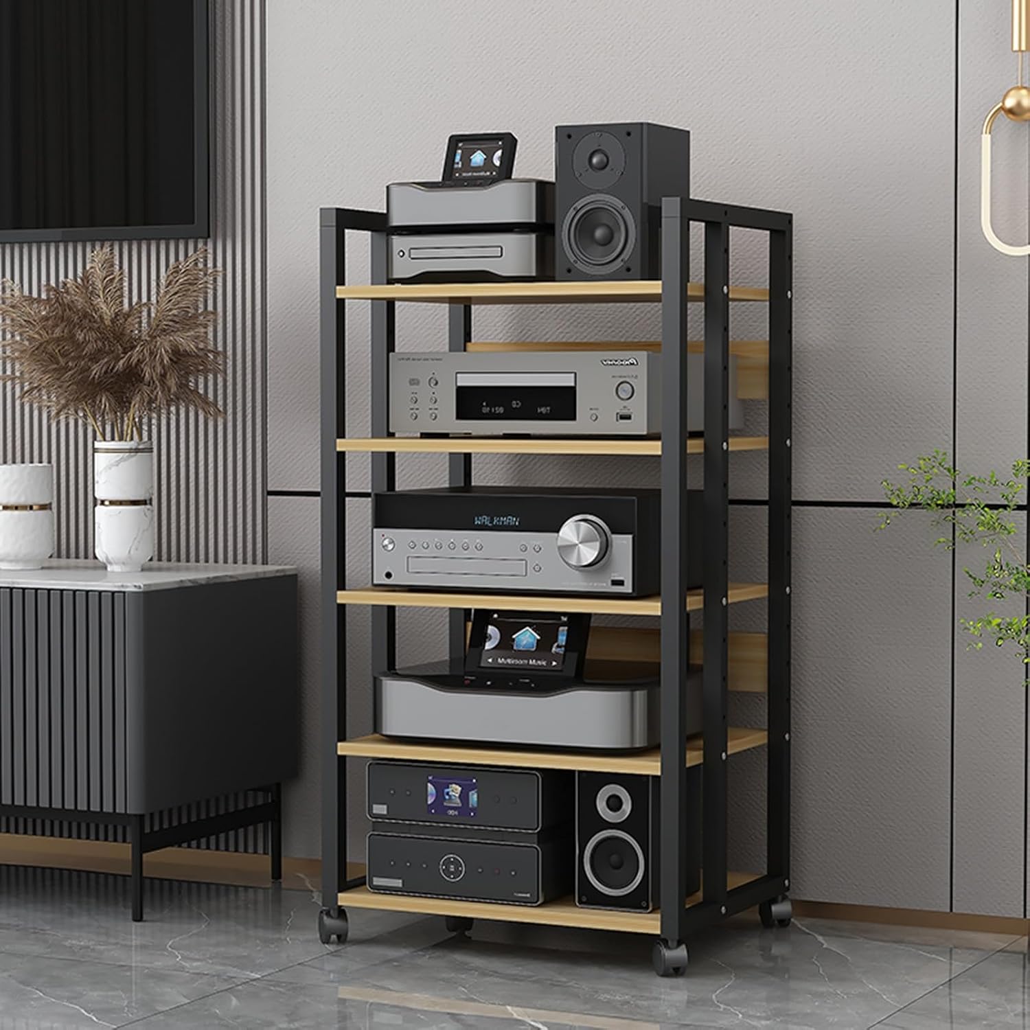 3/4/5/6-Tier Audio Stereo Rack Media Stand AV Component Cabinet with Height Adjustable Wooden Shelf, Power Amplifier Equipment Storage Open Cabinet for Home/Office/Theater (Color : A, Size : 5 Tier