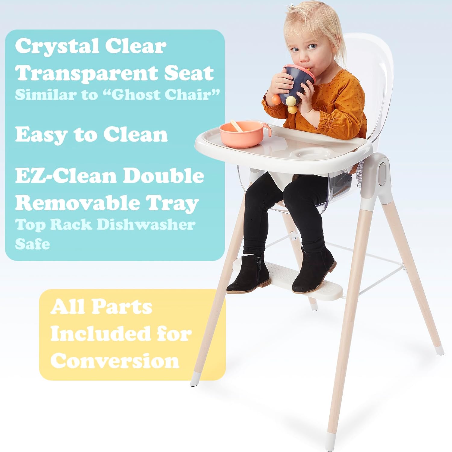 Primo Vista 3-in-1 Convertible High, Toddler, & Rocking Chair, Clear, Transparent Seat, Grows with Child, Modern Style, Adjustable Wooden Legs, Easy to Use, Assemble, Safe & Sturdy, 21.5 x 25 x 40.5'