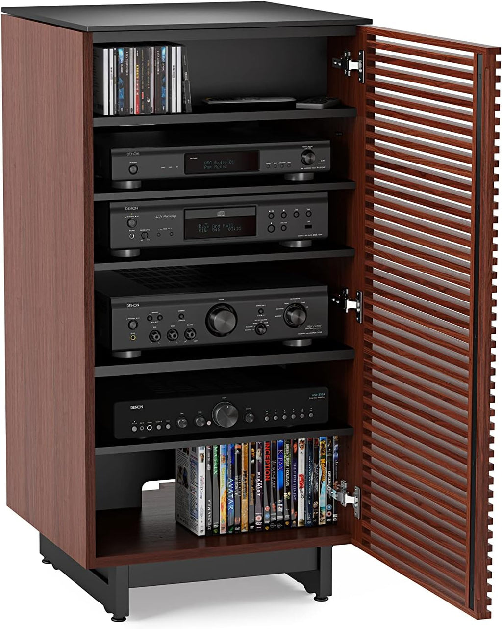 BDI Furniture Corridor 8172-22'' Audio Cabinet with Flow-Through Ventilation, Cable Management, Adjustable Shelves, Louvered Doors, Satin-Etched Tempered Glass Top, Chocolate Stained Walnut