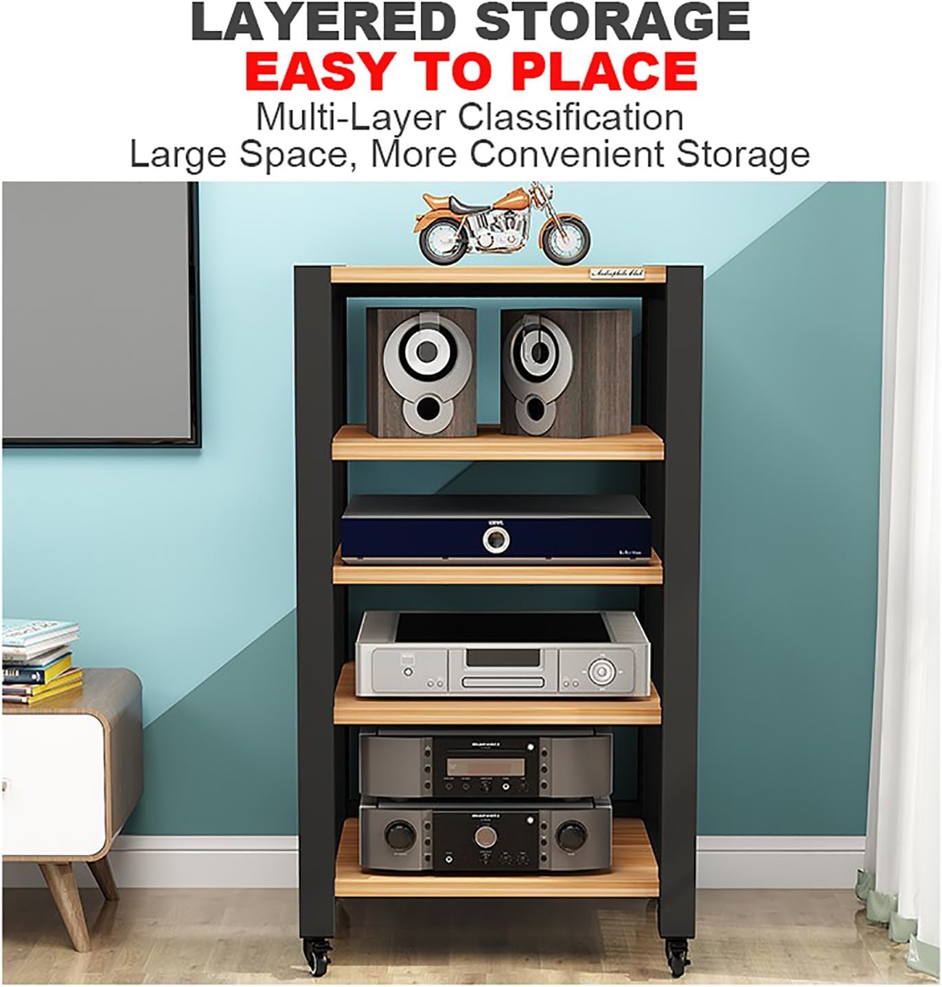 Gaming Shelf for Record Player & Audio Rack - CD/DVD Display Cabinet, Corner Stand with Wooden Shelves for Projector, PS5, Game Console & Cable Box (Yellow, 60x50x40cm)