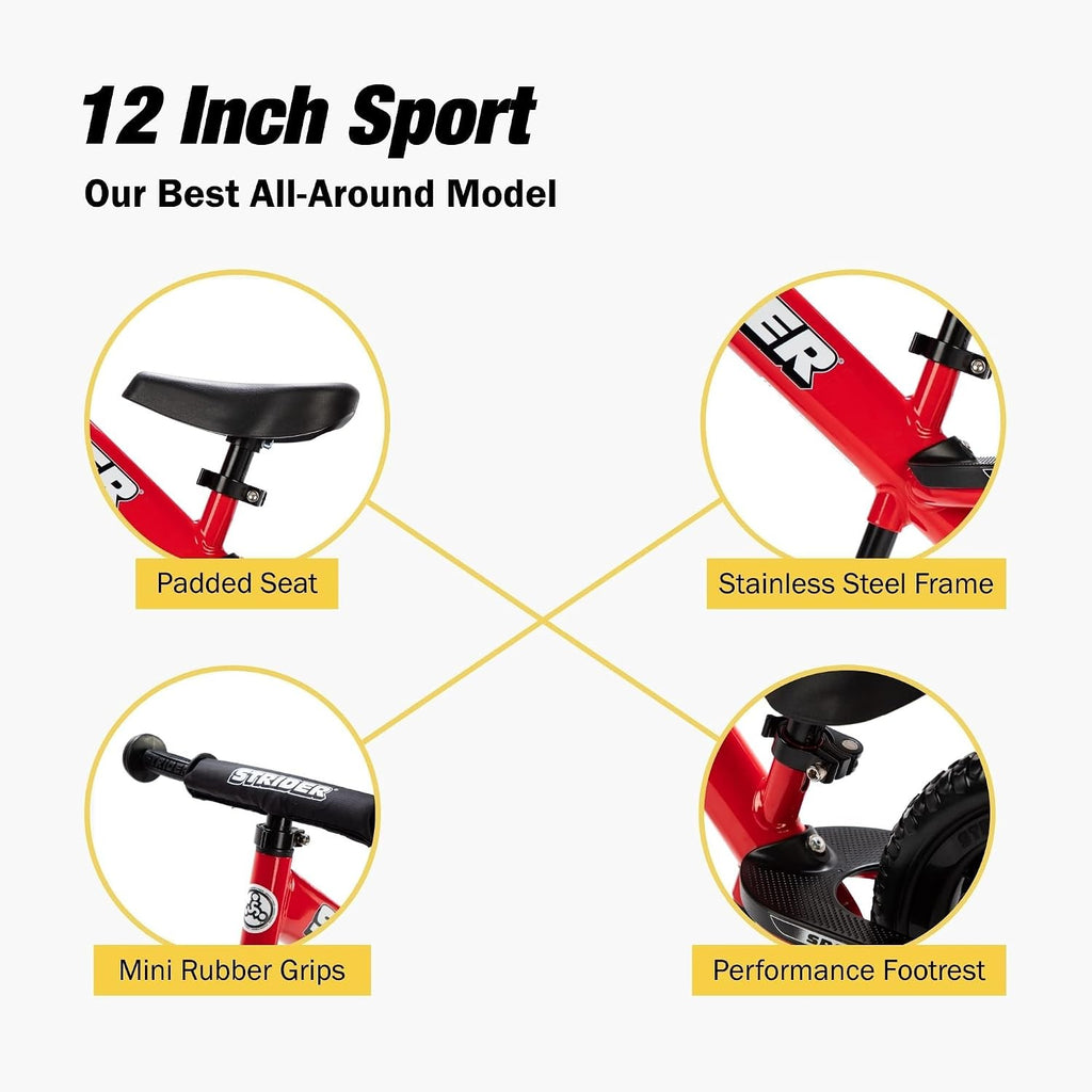 Strider 12' Sport Bike - No Pedal Balance Bicycle for Kids 1 to 4 Years - Includes Safety Pad, Padded Seat, Mini Grips & Flat-Free Tires - Tool-Free Assembly & Adjustments