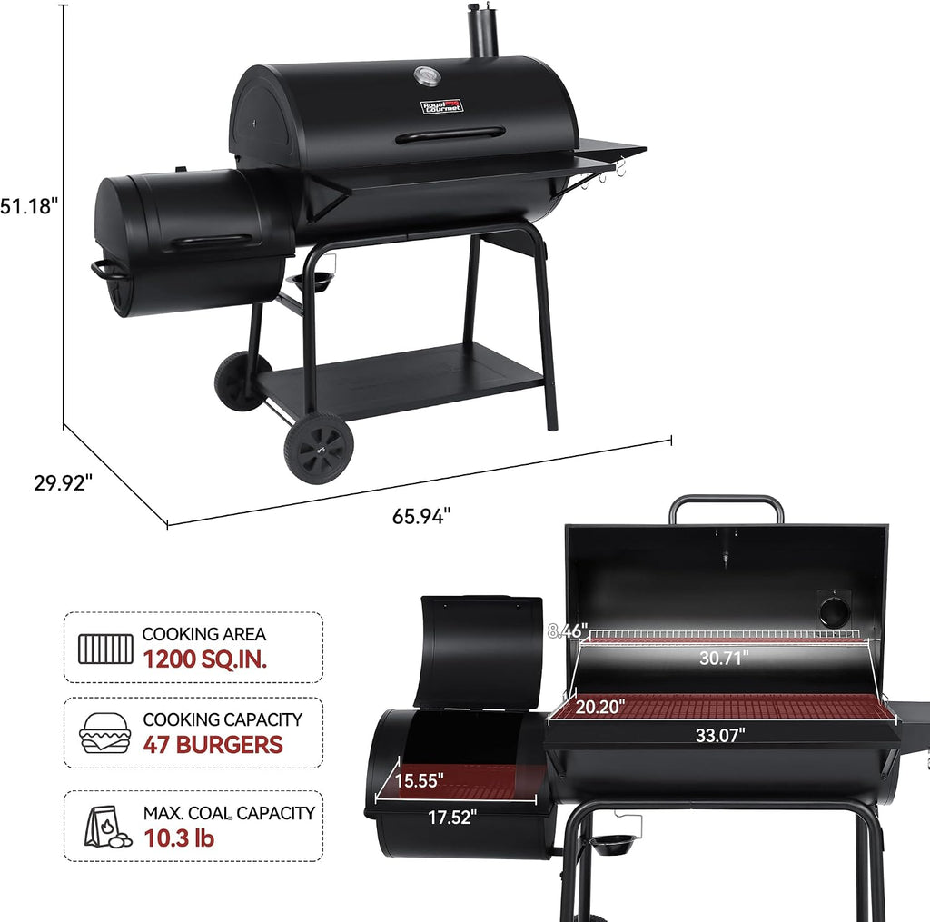 Royal Gourmet CC2036F Barrel Charcoal Grill with Offset Smoker, Outdoor BBQ Grill with 1200 Sq. In. Grilling Area for Large Event Gathering, Black