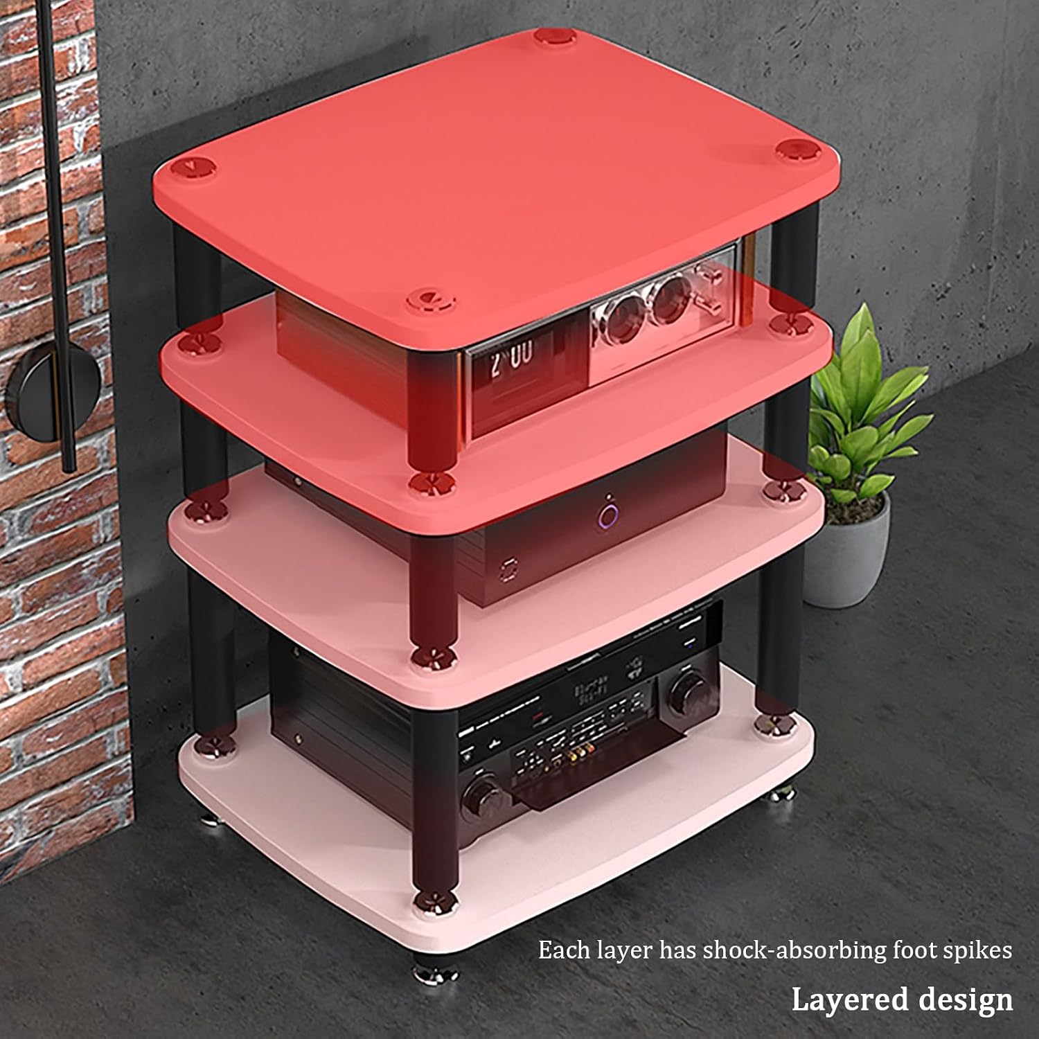 1/2/3/4 Tier Media Stand, Audio Rack with Stainless Steel Legs, Open Media Storage Cabinet, TV Stand with Shock-Absorbing Feet, Audio Entertainment Unit(Black,2 Tier 60x48x38cm)