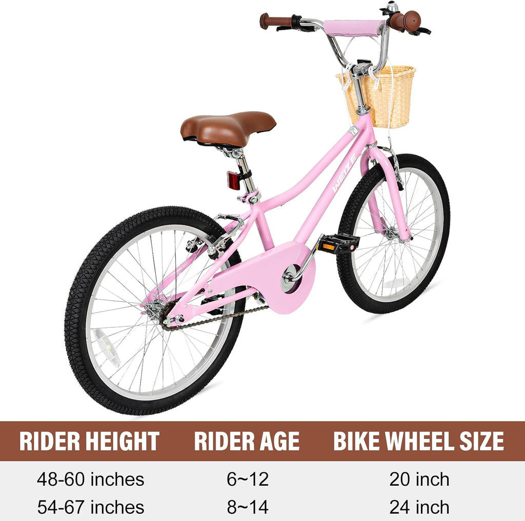 WEIZE Girls Bike for 6-14 Years Old, 20 24 Inch Kids Bike with Basket and Kickstand, Retro Style Childrens Bicycle for Teen Girls, Lightweight Steel Frame, Multiple Colors
