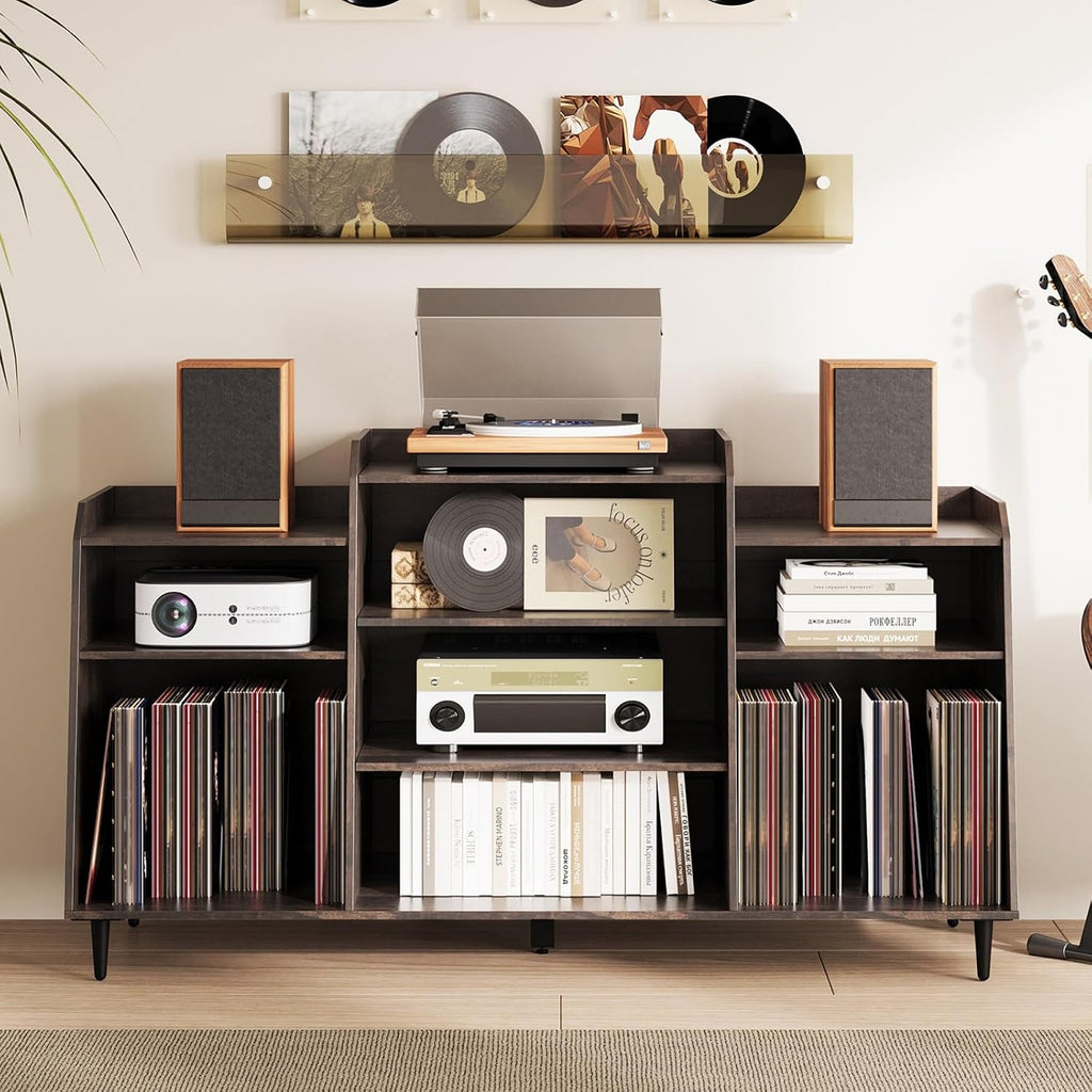 Rresyet 55' Record Player Stand with Charging Station, 4-Tier Vinyl Record Storage Cabinet with Divided Shelves, Adjustable Shelf，Large Capacity Storage for Music Room Living Room