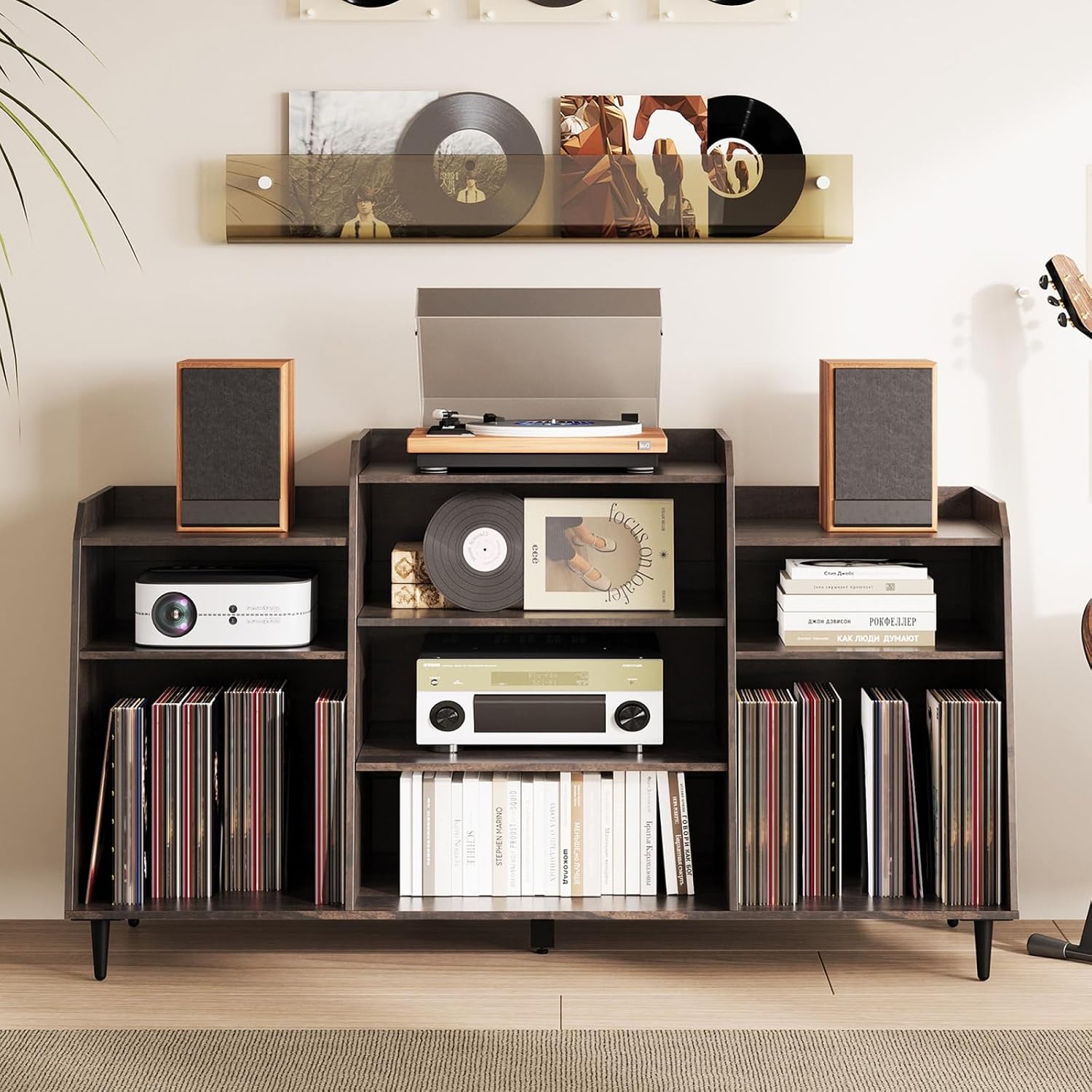 Rresyet 55' Record Player Stand with Charging Station, 4-Tier Vinyl Record Storage Cabinet with Divided Shelves, Adjustable Shelf，Large Capacity Storage for Music Room Living Room
