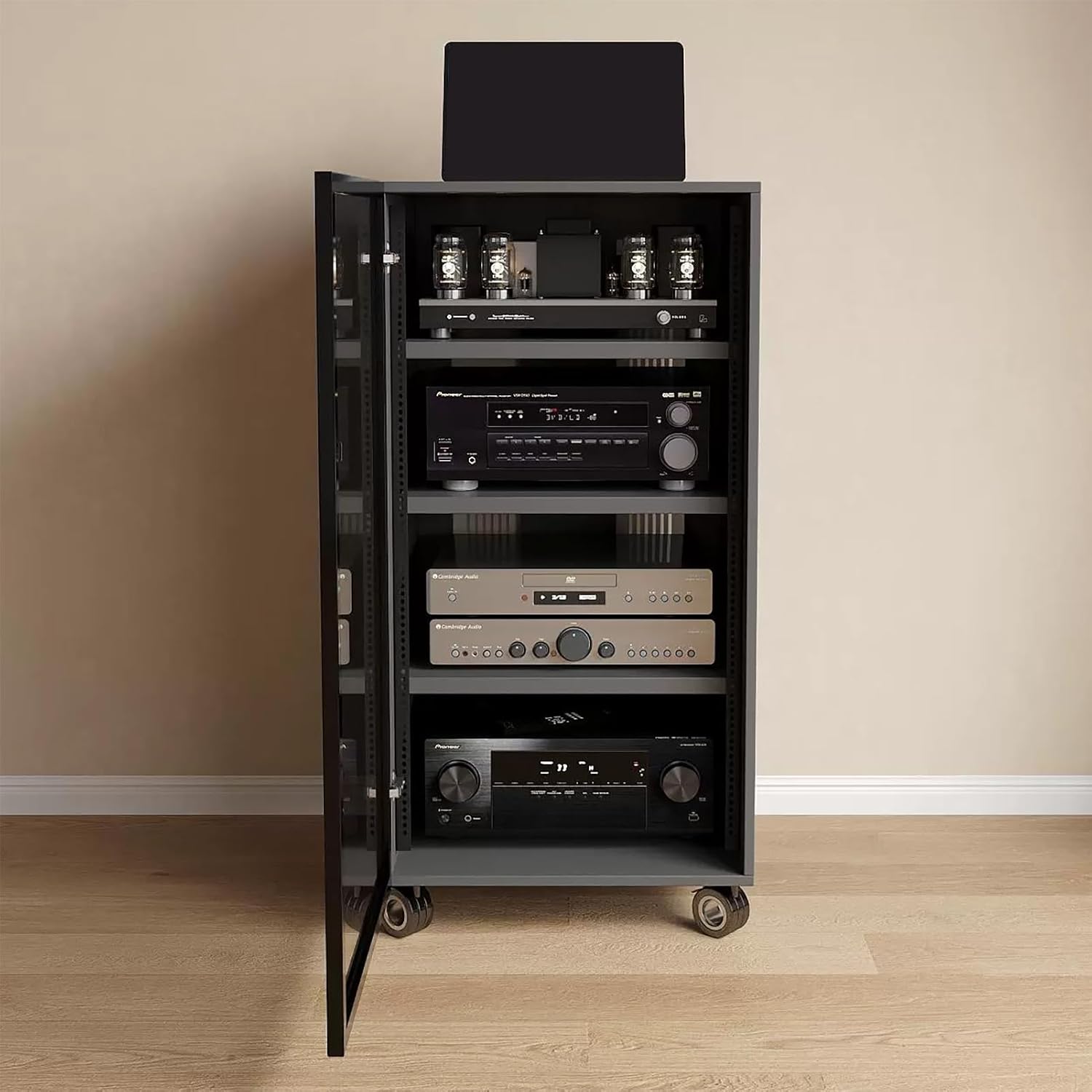 Modern Black Media Storage Cabinet with Glass Door and Cable Holes Adjustable Shelves Movable Stereo Stand for Tv and Audio Equipment 55X45X100Cm 4 Tier,Black4 Tier 55X45X100Cm