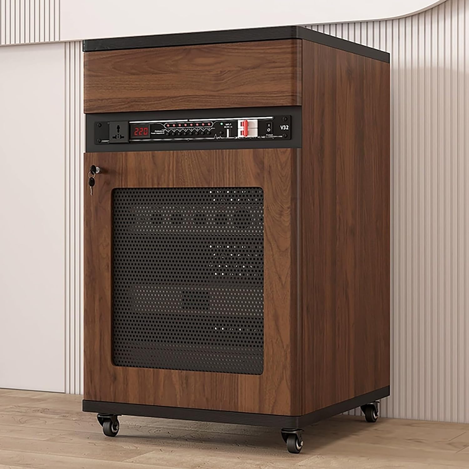 Brown Stereo Cabinet with Lockable Drawer, Mobile AV Rack on Wheels, Media Storage Unit with Cable Management, Adjustable Shelves for Home Audio (52x55x90cm)