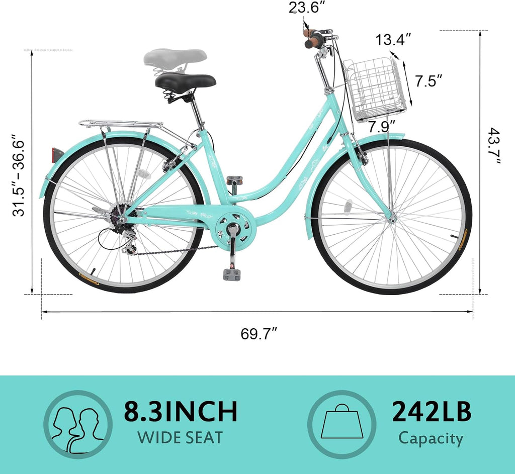 Ktaxon Women Bike 24/26 Inch Bicycles for Women, Beach Cruiser Bike with Premium Derailleur & Shift Lever, Adjustable Seat, High-Carbon Steel Frame and Excellent Welding Technology | Premium Derailleur, Shift Lever, Adjustable Seat